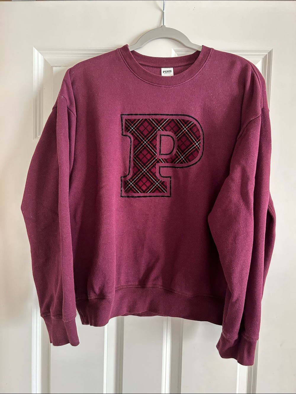 PINK Victoria's Secret Burgundy Crewneck Sweatshirt with Plaid Detail L
